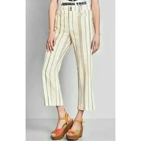ModCloth Cropped Pants Women’s 12 New Opportunity Linen Blend Ivory Stripe Boho - Picture 1 of 11